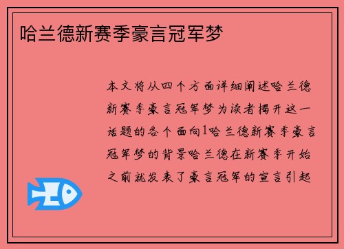 哈兰德新赛季豪言冠军梦